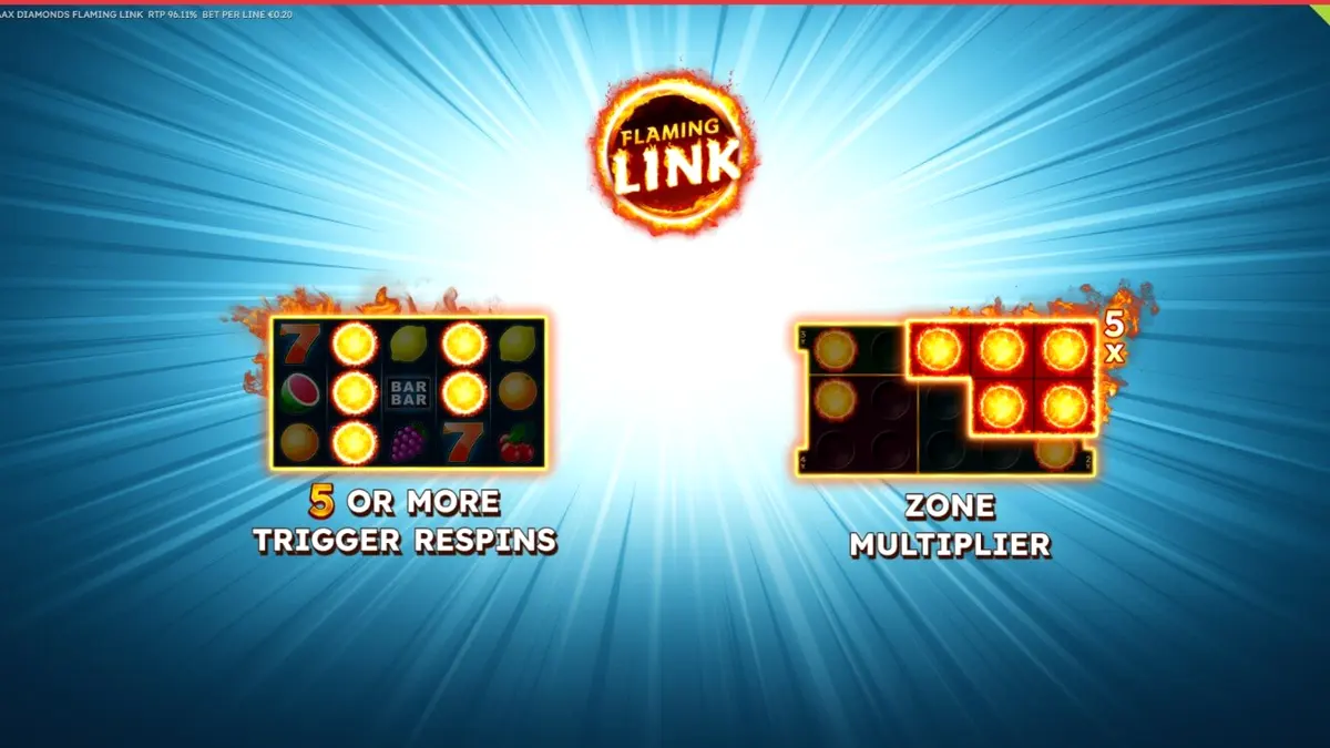 Maaax Diamonds Flaming Link slot machine interface with fiery diamond symbols