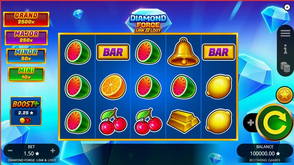 Tampilan visual slot Diamond Forge Link & Loot dengan simbol buah klasik dan berlian